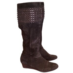 Calvin Klein Brigit Tall Black Suede Wedge Boots Sz 7.5 metal accents